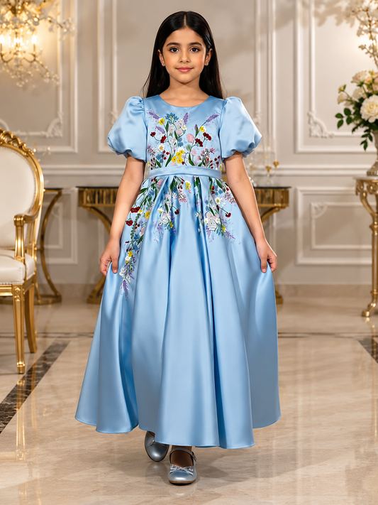 Sky Blue Floral Embroidered Princess Dress for Girls