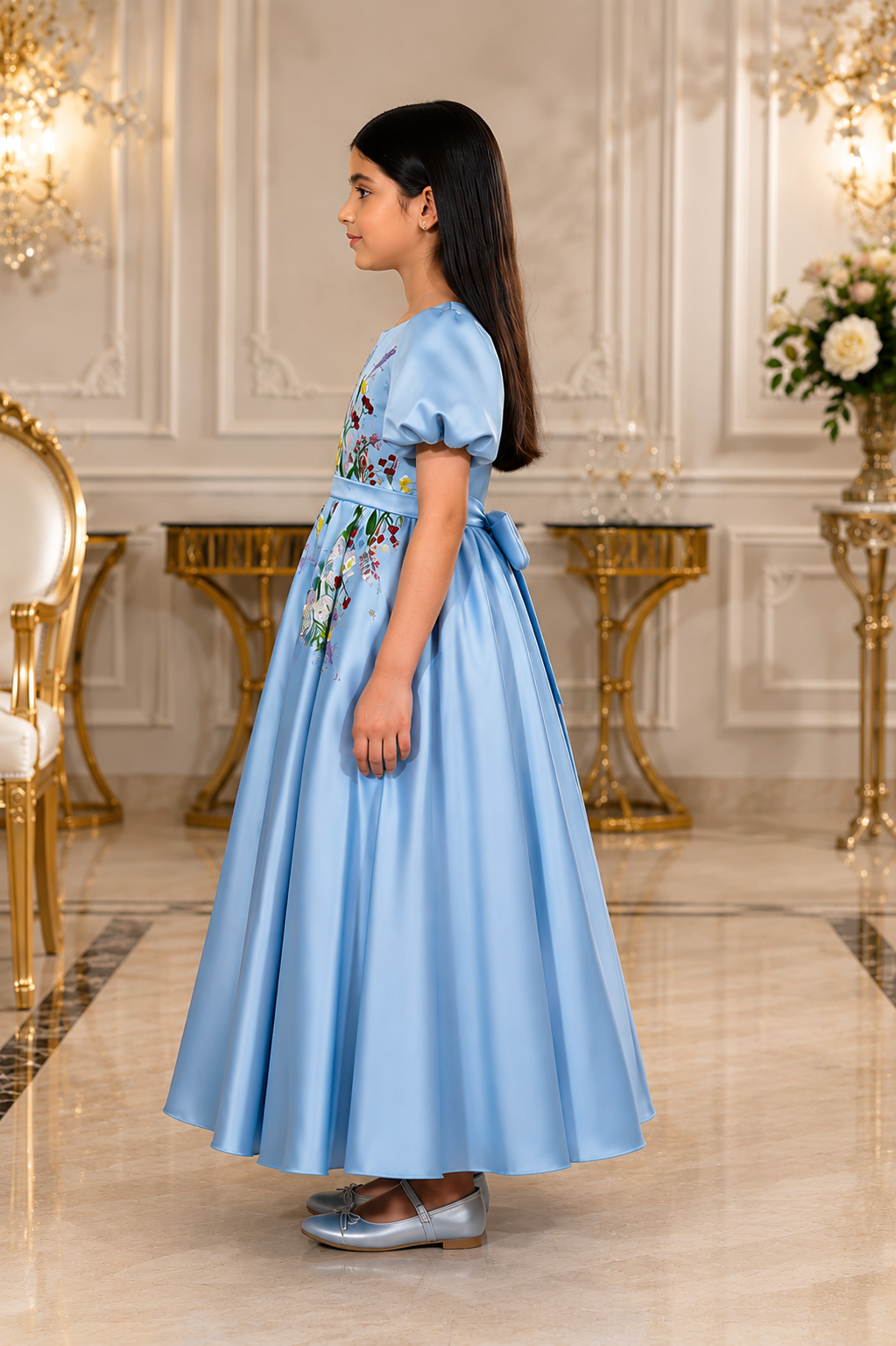 Sky Blue Floral Embroidered Princess Dress for Girls