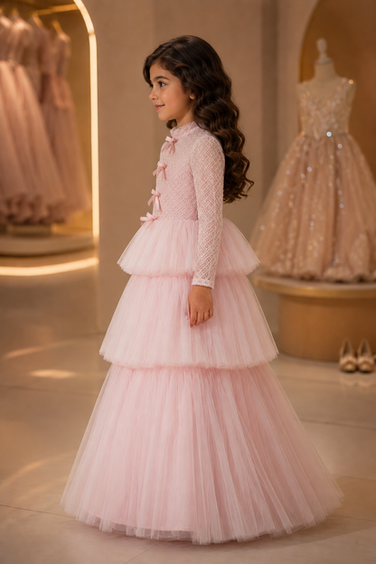 Delicate and elegant baby dress crafted in soft blush pink tones