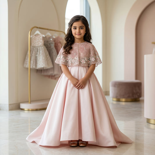 Embroidered Cape Satin Midi Dress