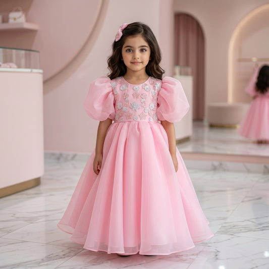 Luxury Pink Organza Puff Sleeve Girls Couture Dress with Hand Embroidery & Crystals