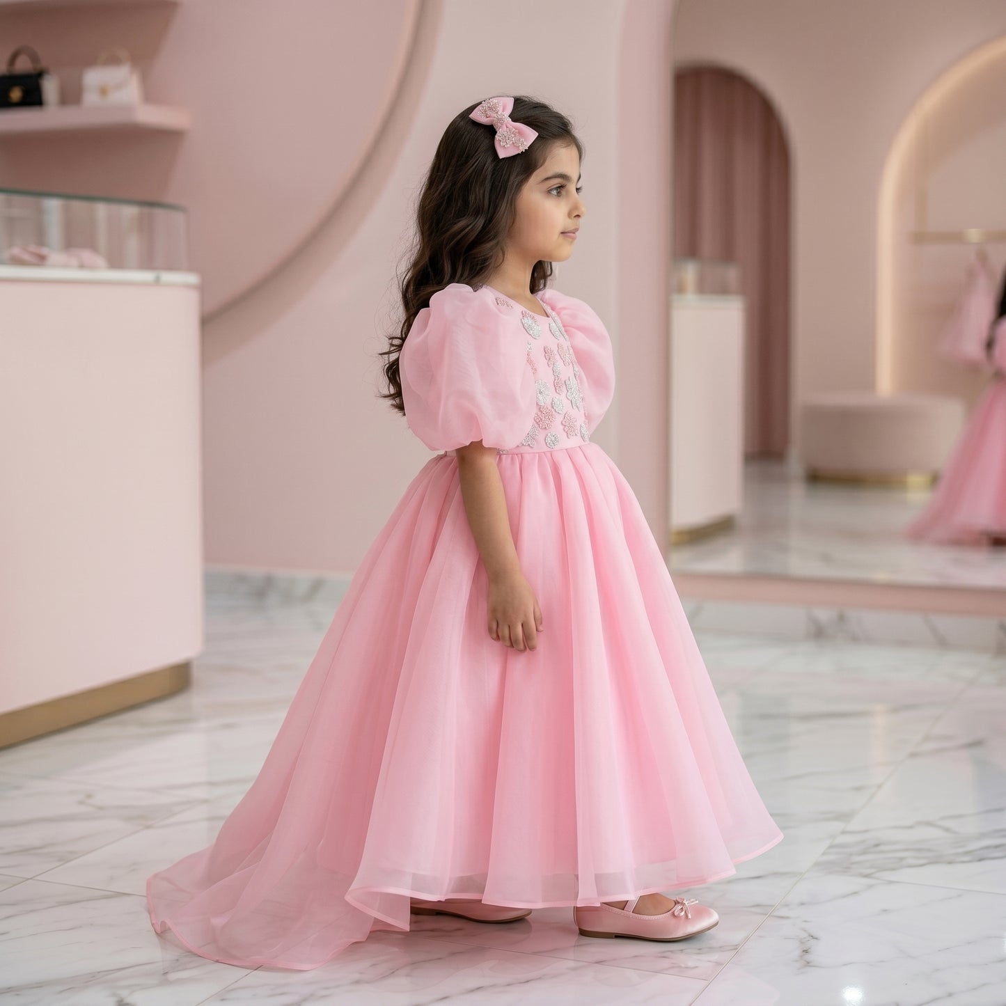 Luxury Pink Organza Puff Sleeve Girls Couture Dress with Hand Embroidery & Crystals