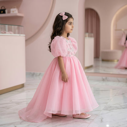 Luxury Pink Organza Puff Sleeve Girls Couture Dress with Hand Embroidery & Crystals