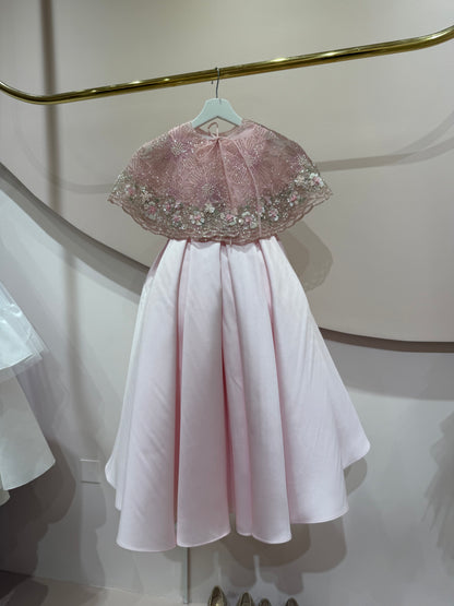 Embroidered Cape Satin Midi Dress