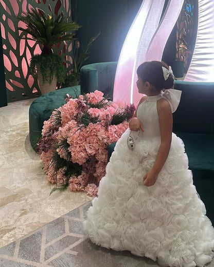 Elegant White Floral Appliqué Flower Girl Gown with Oversized Bow Back and Cape