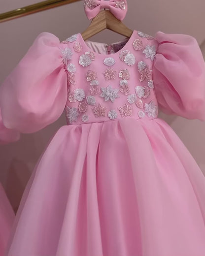 Luxury Pink Organza Puff Sleeve Girls Couture Dress with Hand Embroidery & Crystals